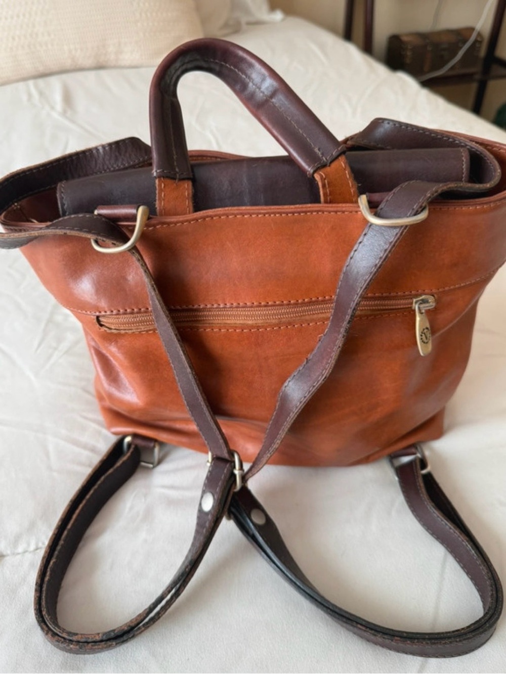 Valentina Leather Convertible Backpack Tote in Cognac Brown